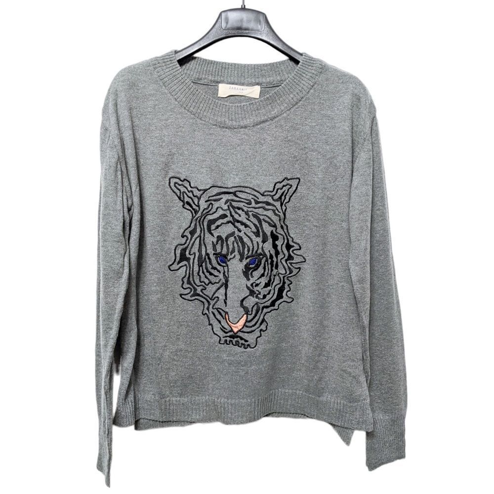 ZARA Knit Embroidered Tiger Crew Neck Sweater L
